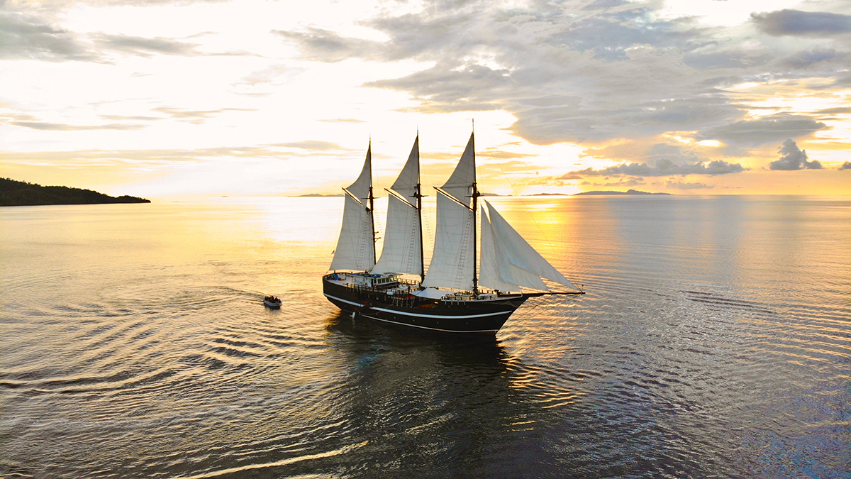 Aerial of Dewi Nusantara liveaboard in Indonesia