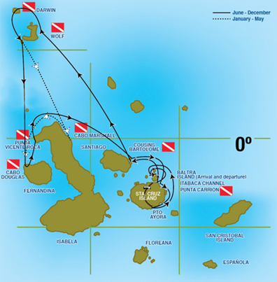 Map of Galapagos route by Aggressor liveaboards