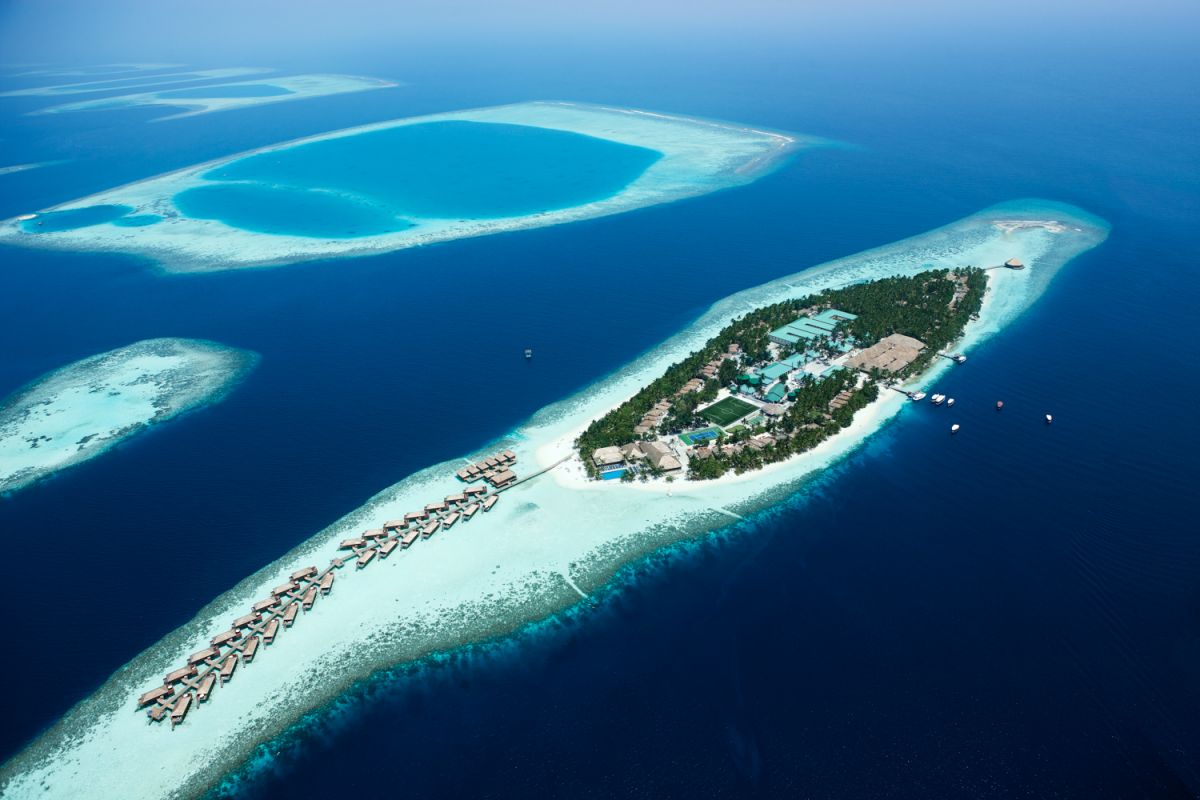 Aerial shot of Vilamendhoo Island Resort & Spa in the Maldives