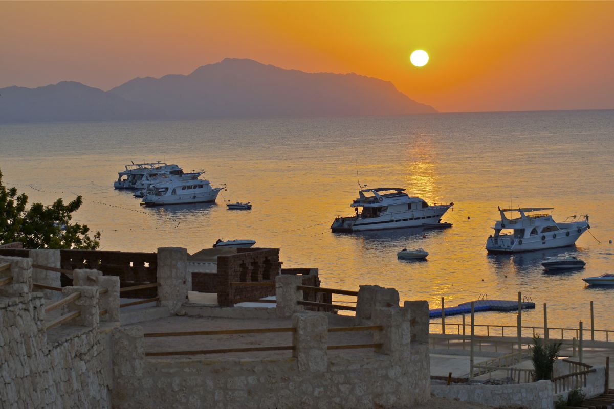 Sunrise over the ocean, seen from Sharks Bay Umbi Village in Sharm el Sheikh