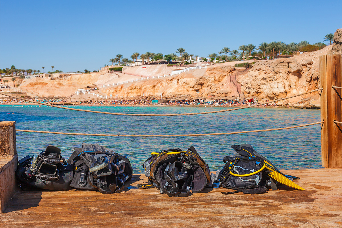 Dive kit on a jetty in the Red Sea, Egypt