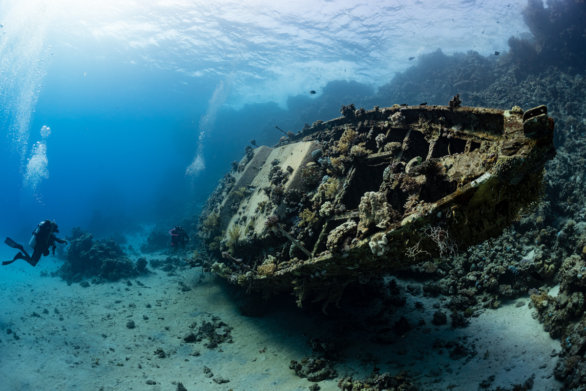 Divers exploring a wreck in the Red Sea