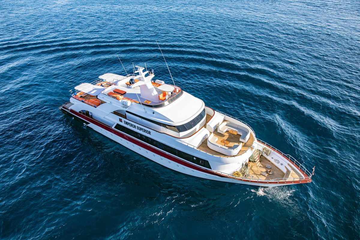 Aerial shot of the Emperor Superior liveaboard in the Red Sea, Egypt