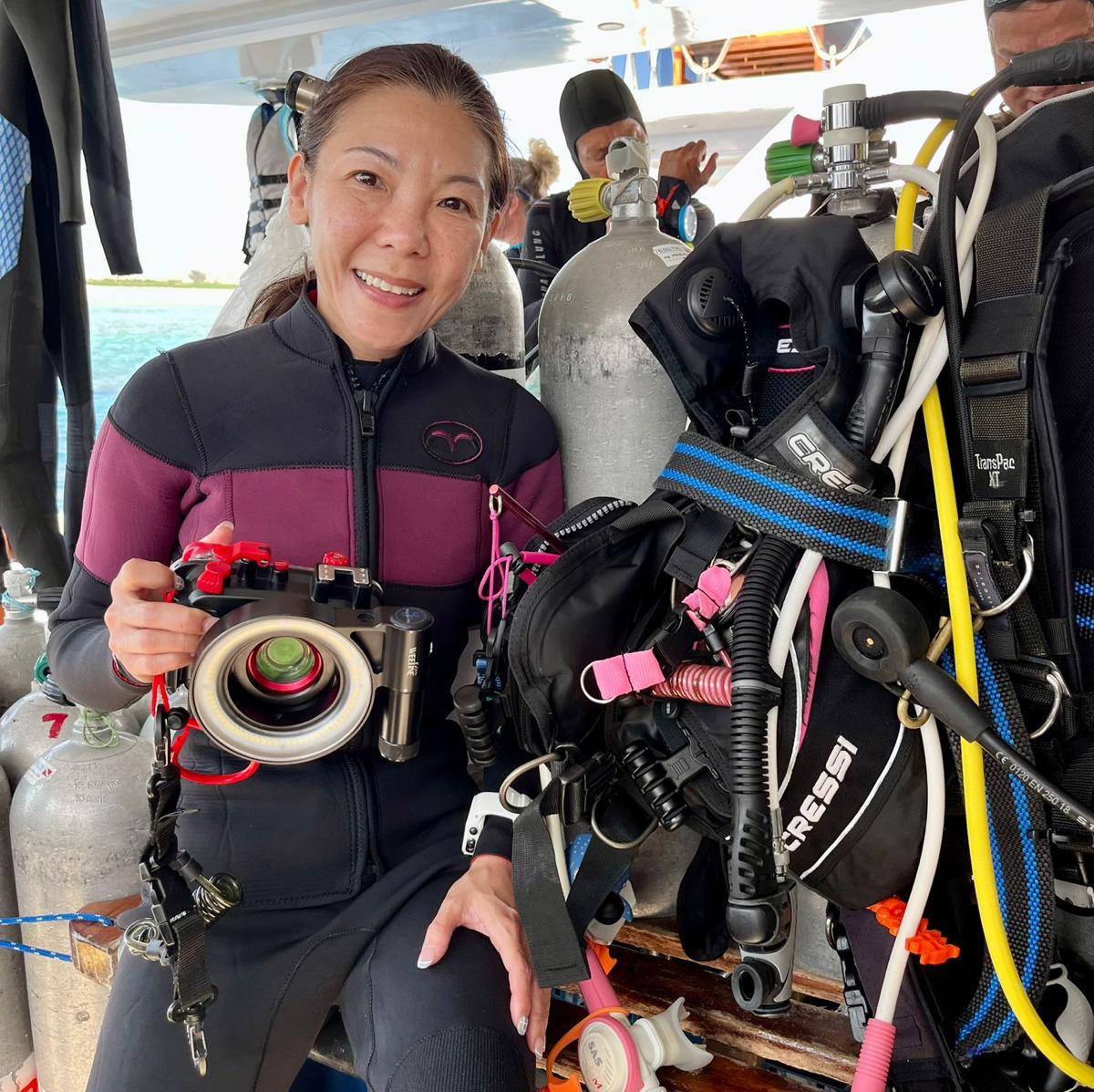 Team member, Jobi Chan, on a dive boat in Marsa Alam, Egypt