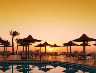 Sunrise and swimming pool in Hurghada, Egypt