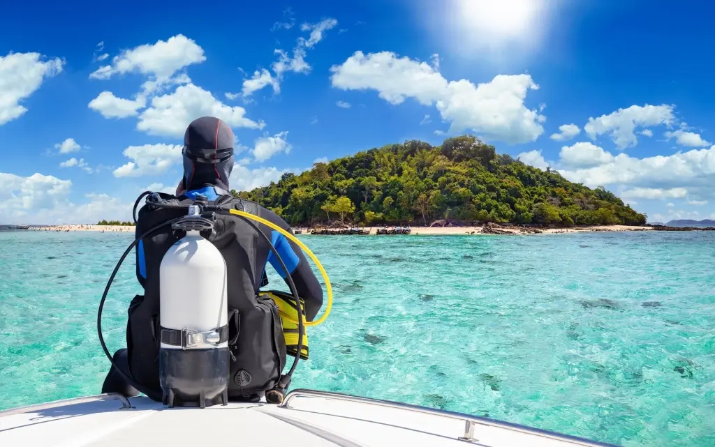 Diver on a boat looking out to an island