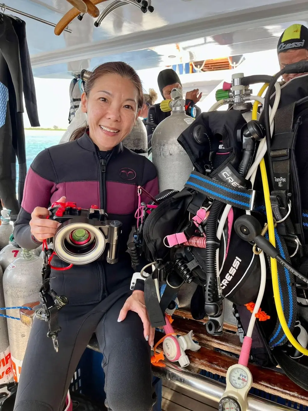 Team member, Jobi Chan, on a dive boat in Marsa Alam, Egypt