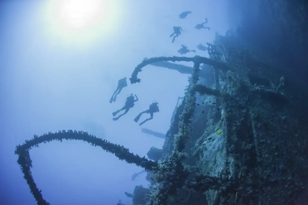 Divers exploring a wreck in the Red Sea, Egypt