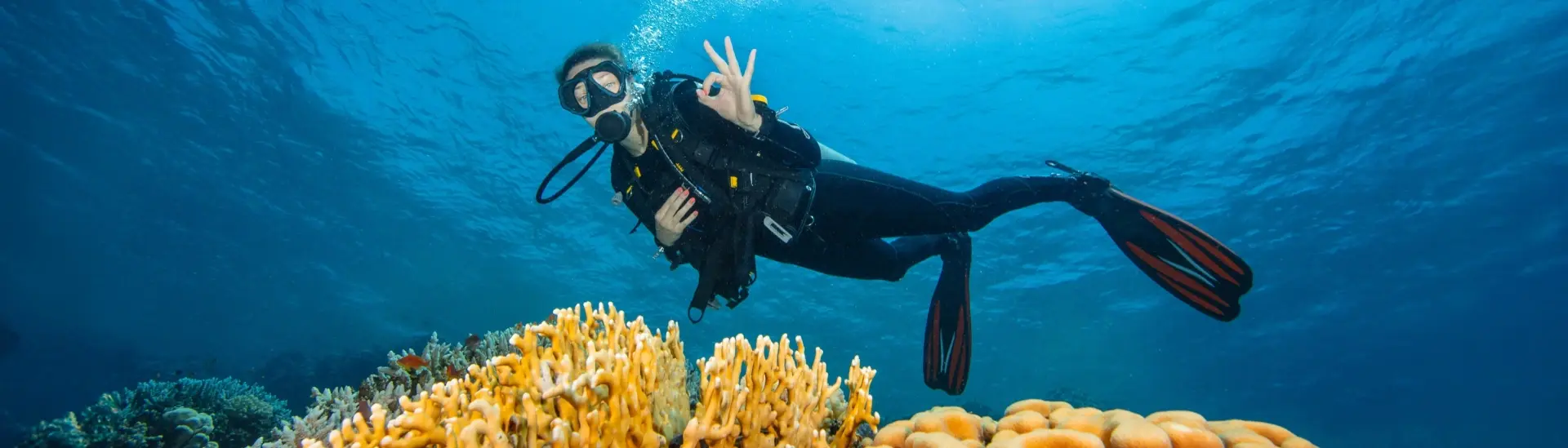 Diver doing the ok sign over a coral reef in the Red Sea