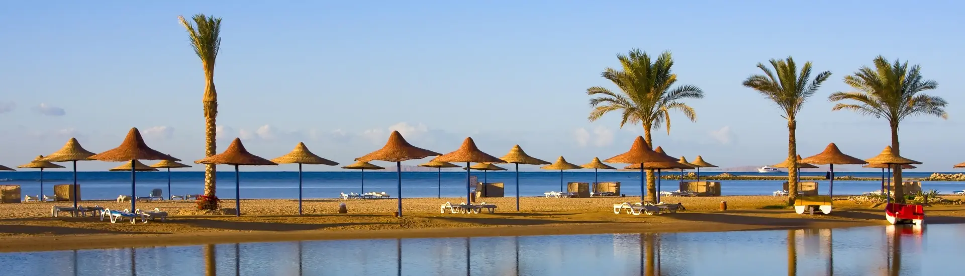Palm trees & parasols on a beach in Hurghada, Egypt