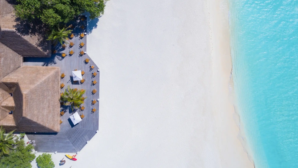Aerial image of the beach at Meeru Island Resort, Maldives