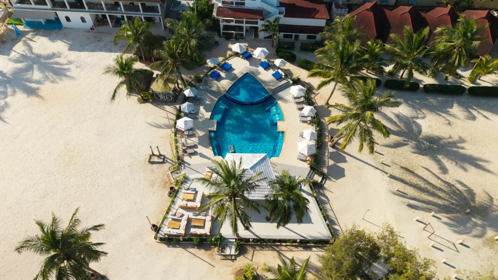 Aerial view of the beach and pool at Kendwa Rocks Beach Hotel, Zanzibar