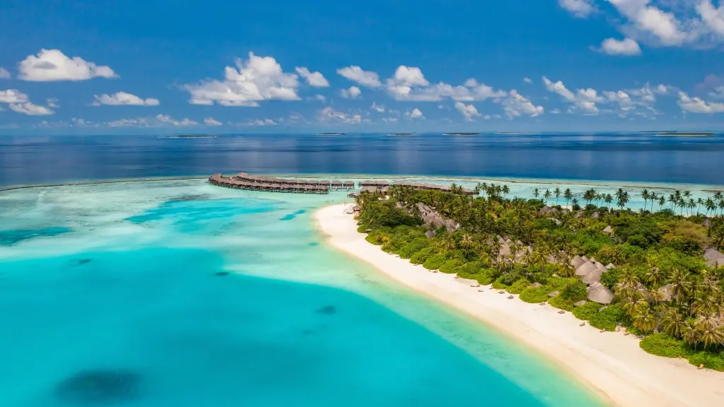 Aerial of the beach & water bungalows in the Maldives