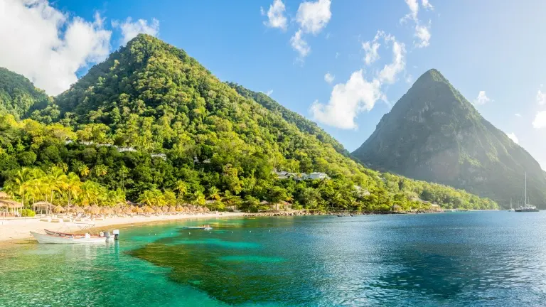 Sugar beach & piton mountain in St Lucia