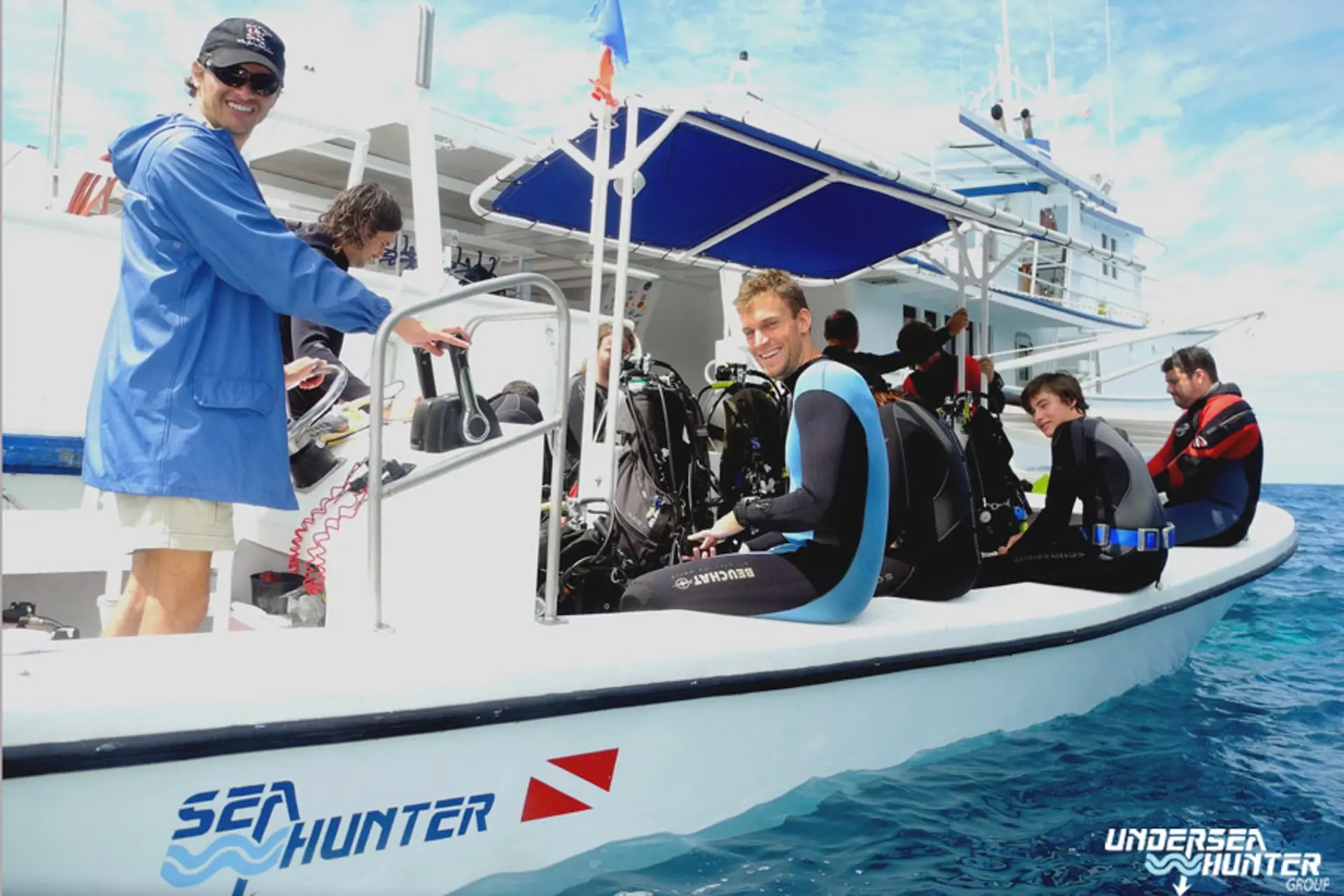 Guests ready to go for a dive, with Sea Hunter.