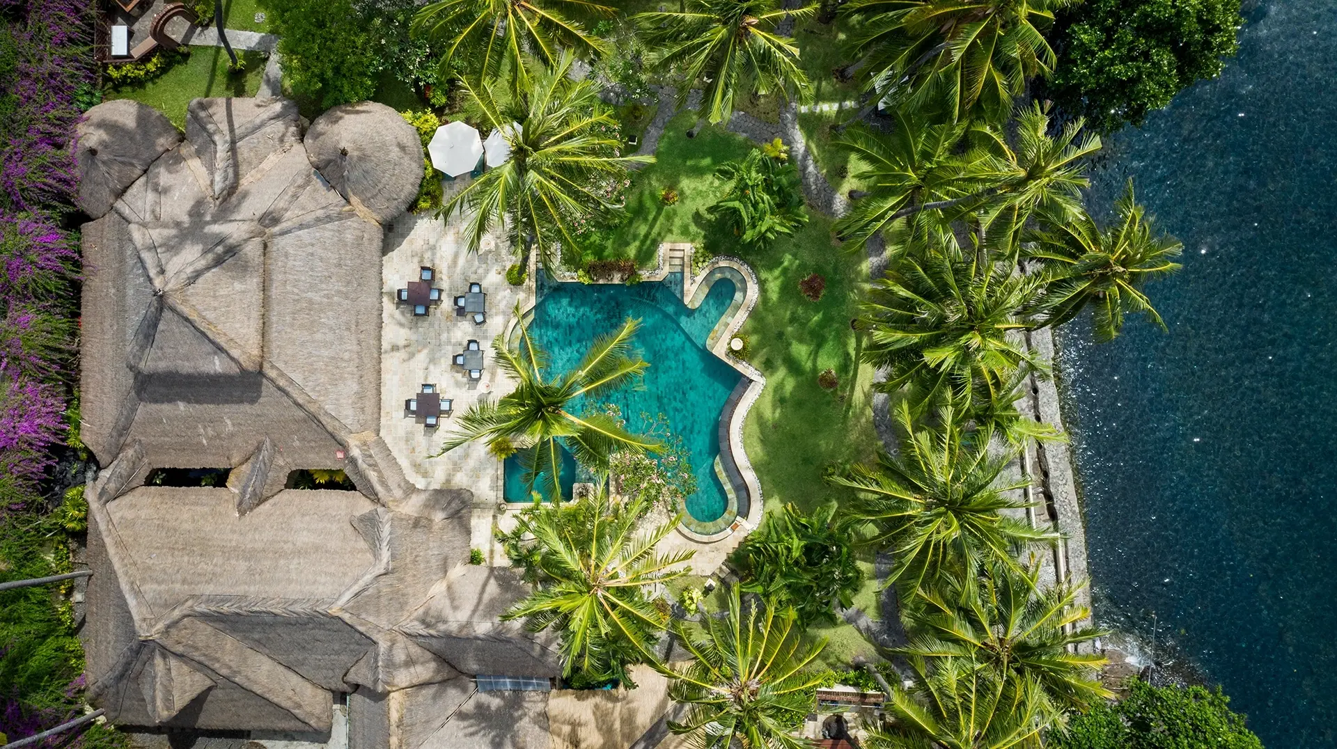 Aerial of the swimming pool at Alam Anda Ocean Front Resort & Spa in Bali, Indonesia