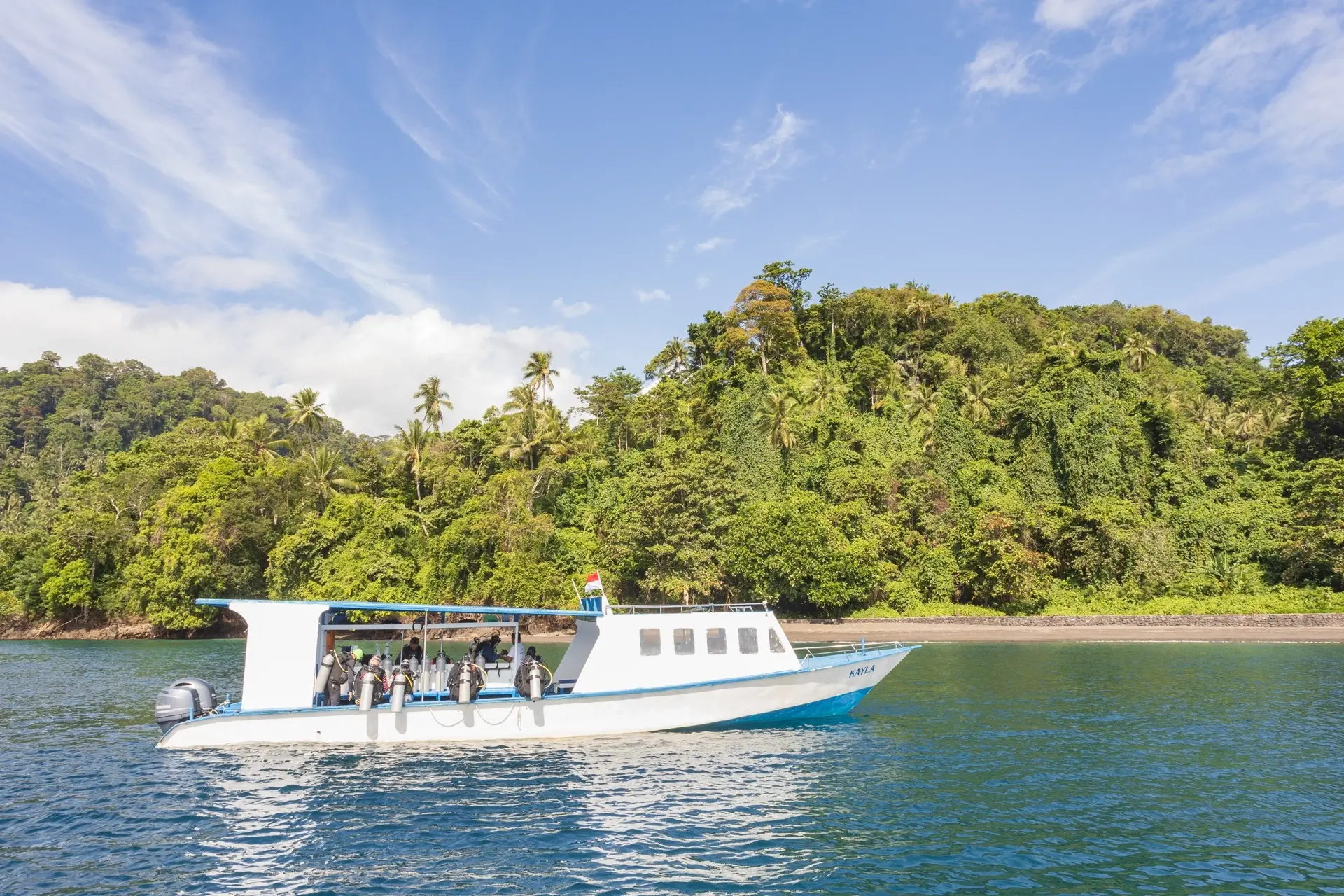 Dive centre boat at White Sands Beach Resort in Lembeh, Indonesia