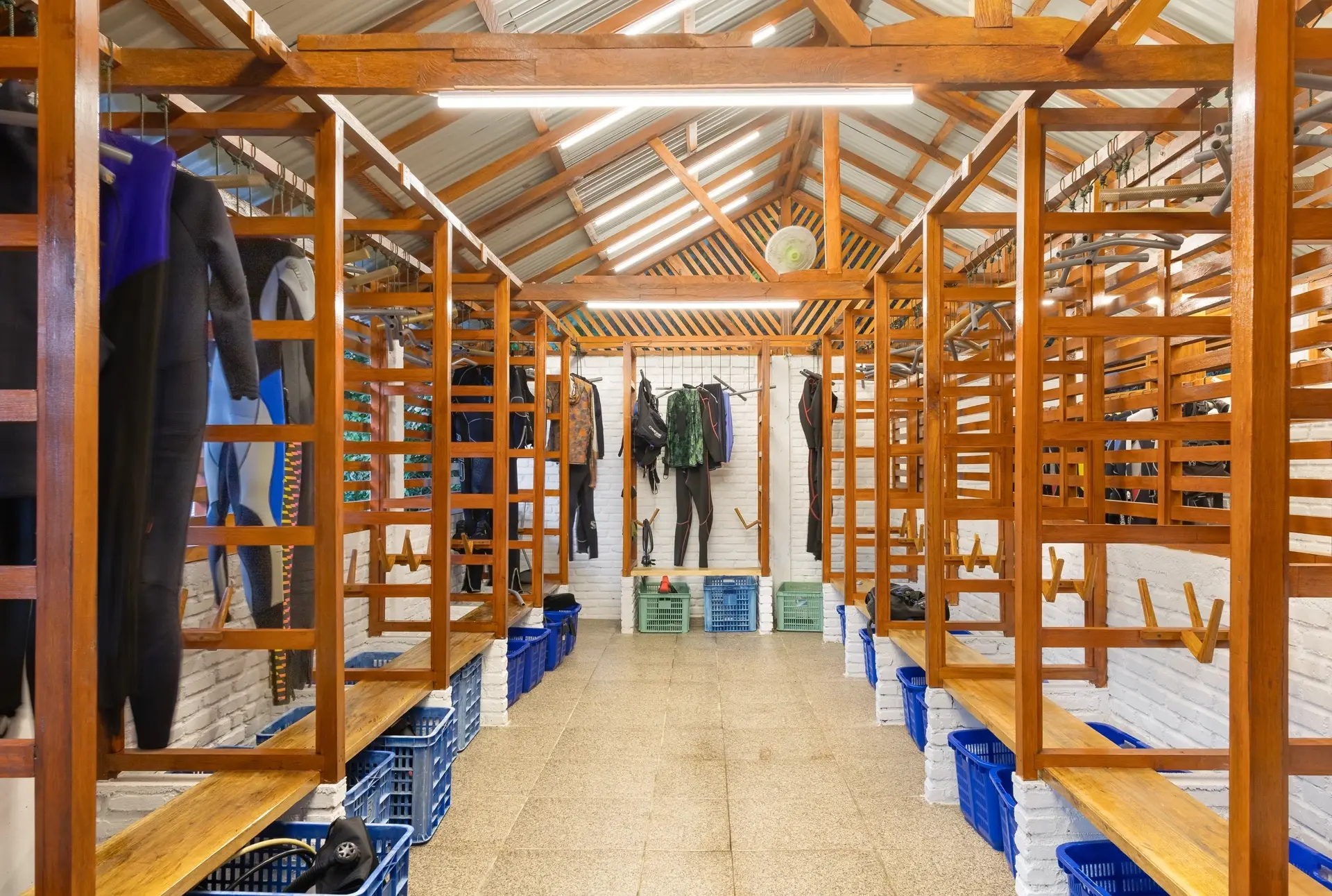 Kit lockers in the dive centre at White Sands Beach Resort in Lembeh, Indonesia