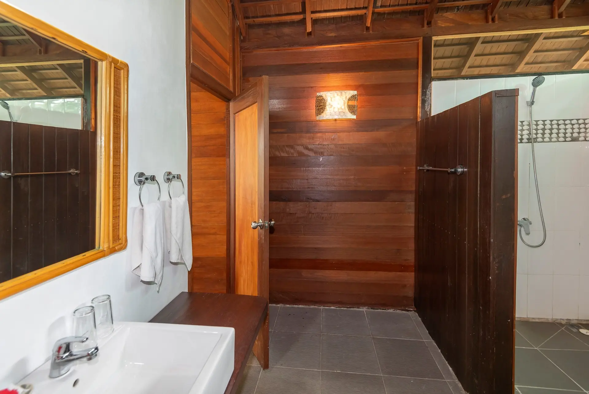 Garden room bathroom at Nabucco Island Resort in Maratua, Indonesia