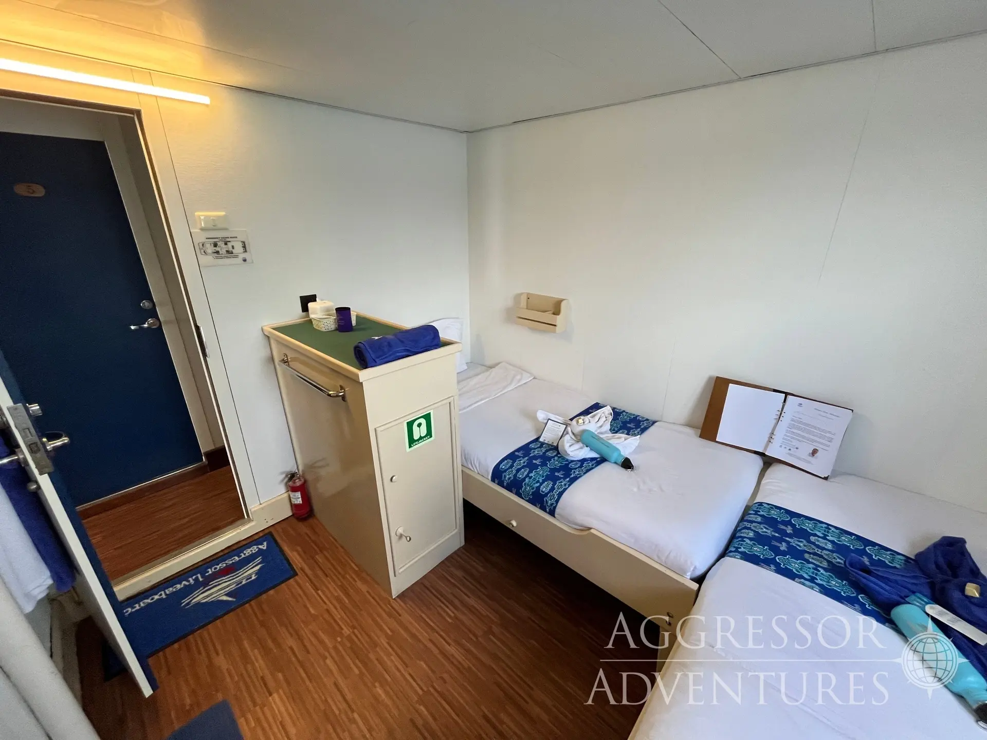 View of a deluxe twin cabin on Raja Ampat Aggressor.