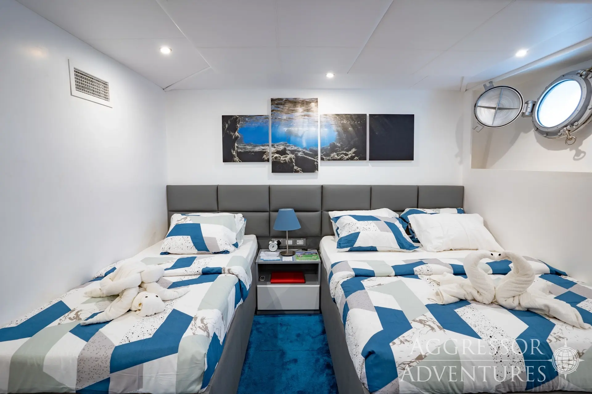 Lower deck deluxe twin cabin on Philippines Aggressor I Liveaboard, Philippines