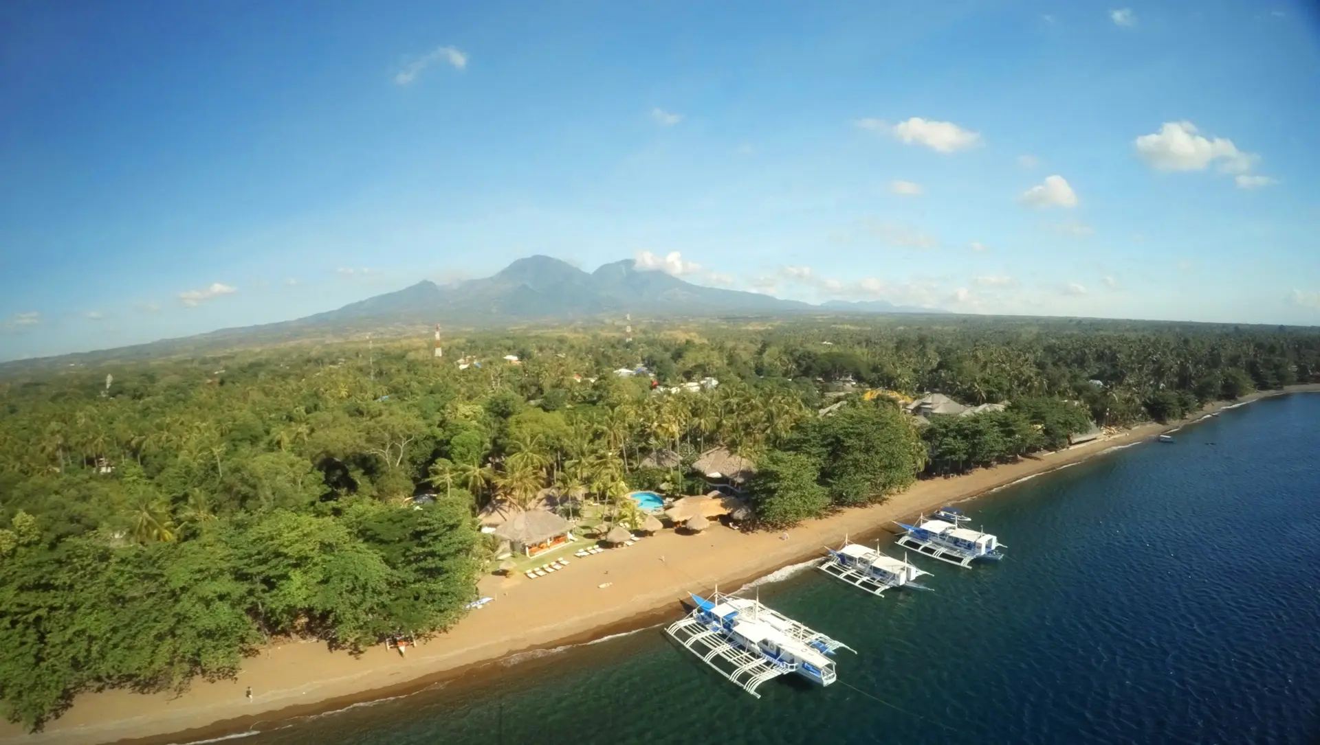 Aerial of the coastline & beach at Pura Vida Resort in Dauin, the Philippines