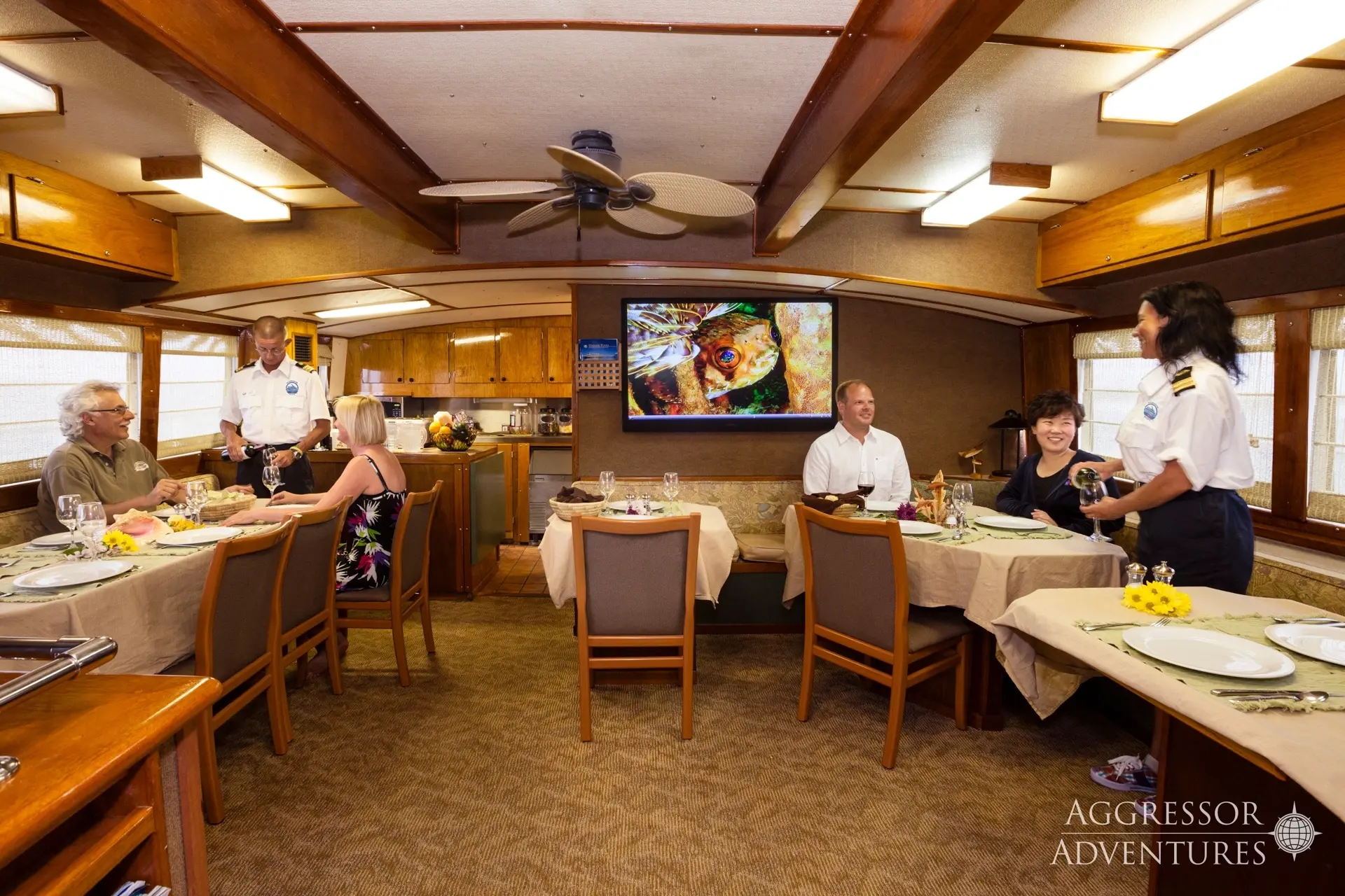The dining area on the Bahamas Aggressor, Bahamas, Caribbean.