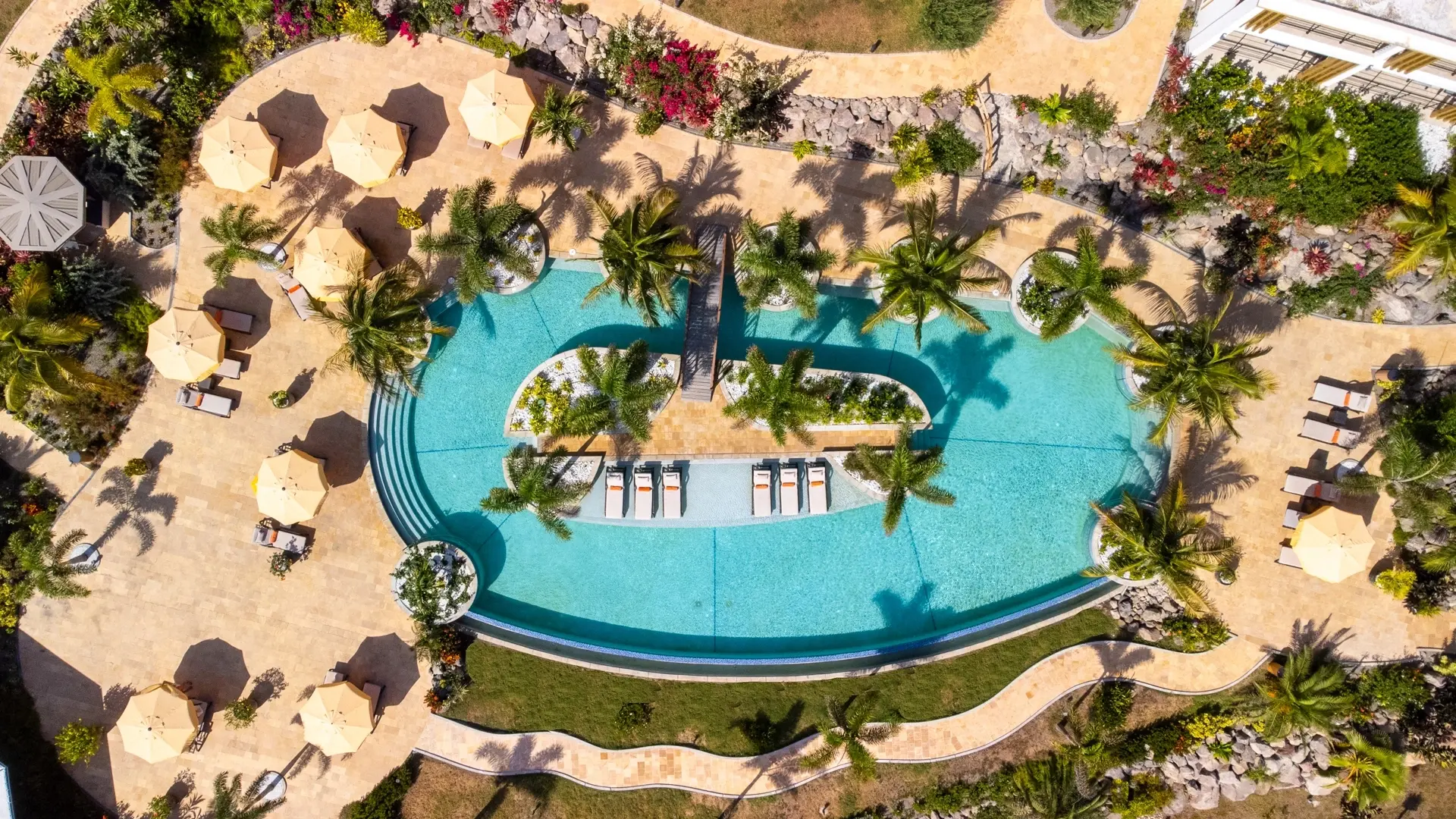 Aerial of swimming pool at Golden Rock Dive & Nature Resort in St Eustatius, the Caribbean