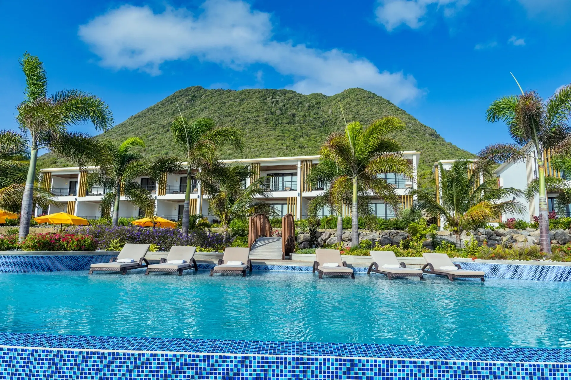 Swimming pool & volcano at Golden Rock Dive & Nature Resort in St Eustatius, the Caribbean