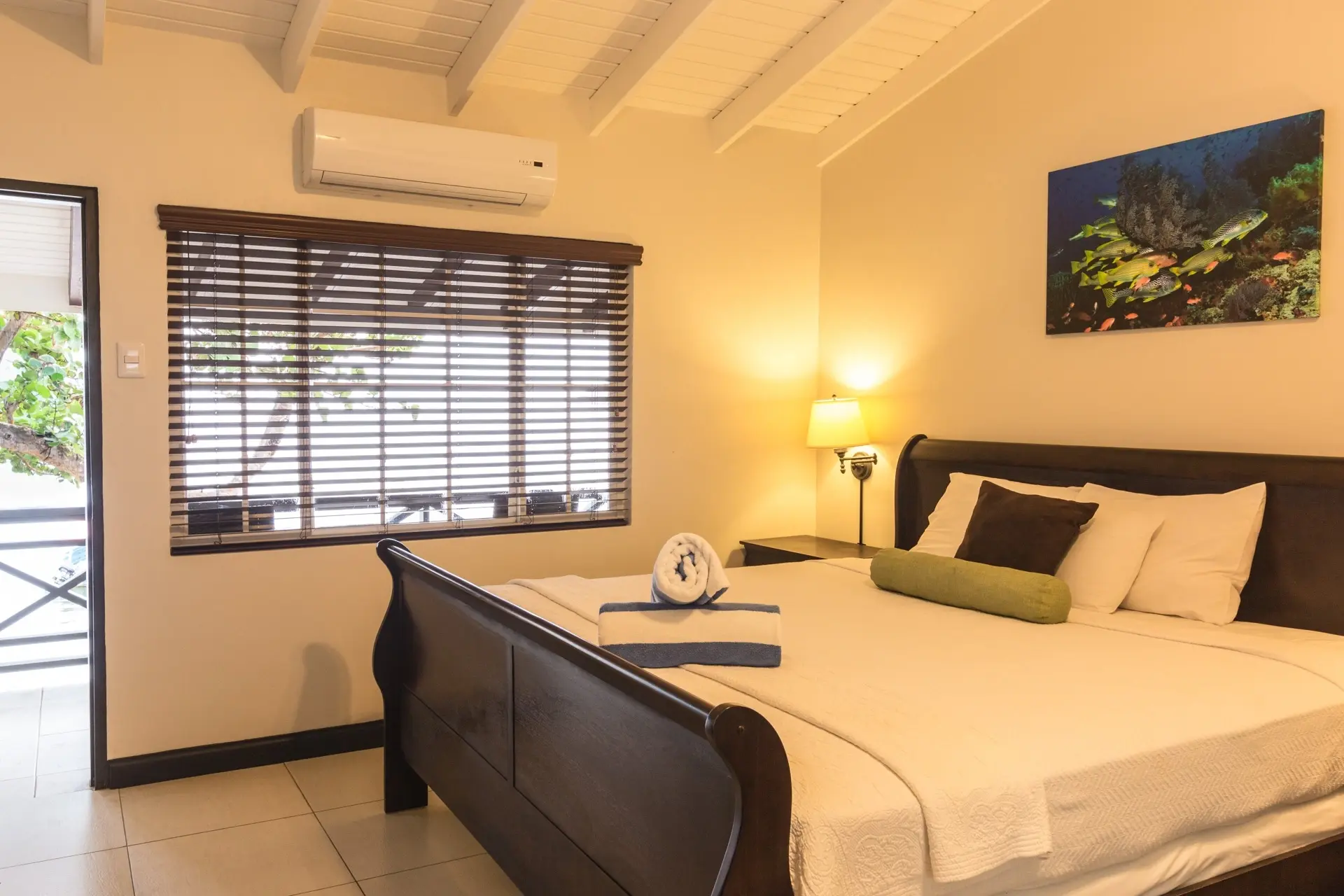Double bedroom at Blue Waters Inn in Speyside, Tobago
