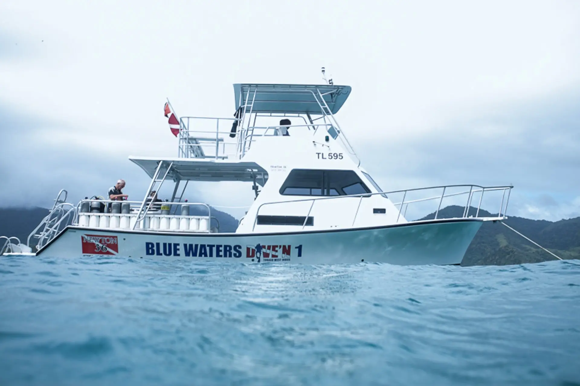 Dive boat at Blue Waters Inn in Speyside, Tobago