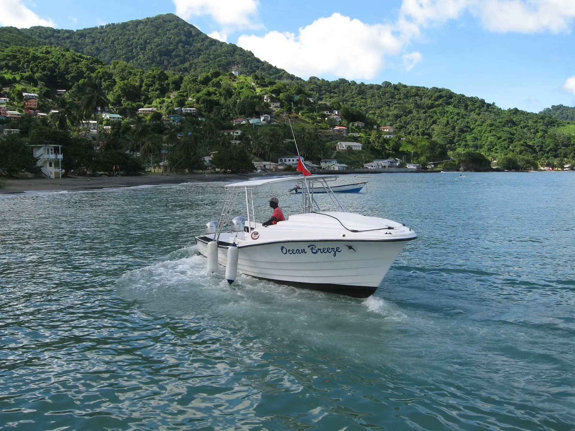 Dive boat near Nabucco's Resort Speyside Inn in Tobago, the Caribbean