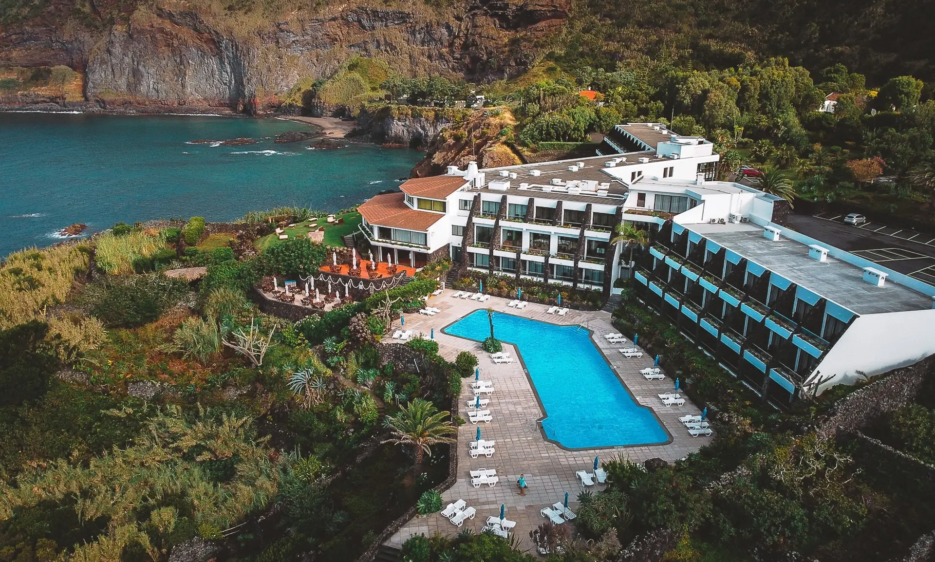 Aerial of the swimming pool at Hotel Caloura in Aqua de Pau, Azores