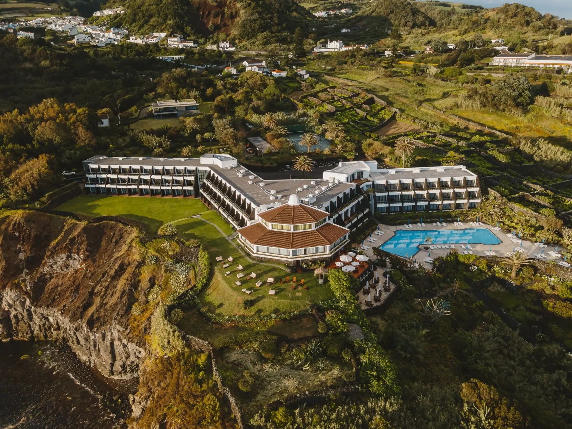 Aerial of the swimming pool at Hotel Caloura in Aqua de Pau, Azores