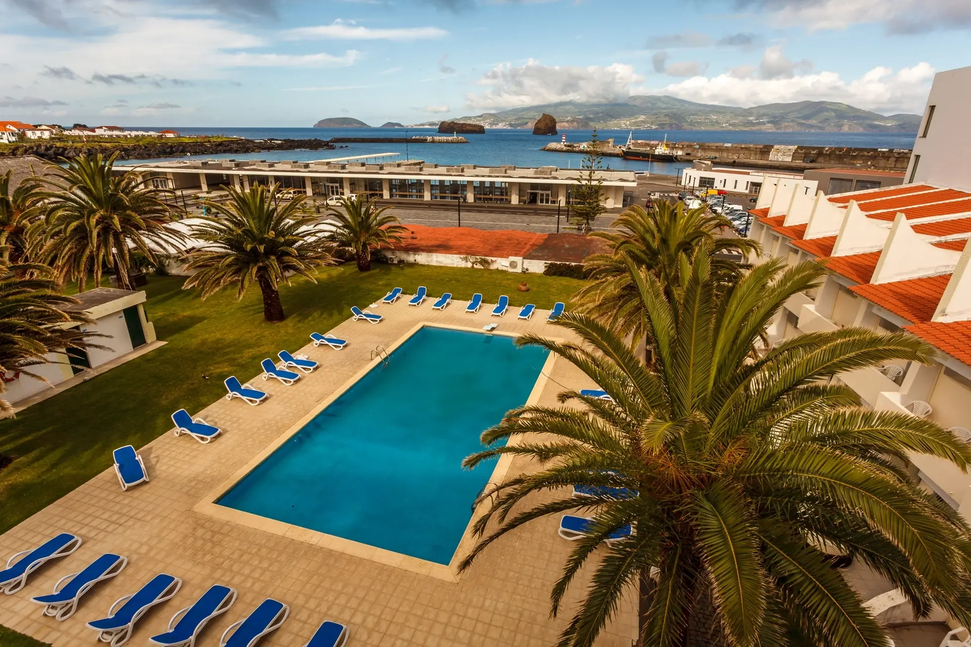 Aerial of the swimming pool at Hotel Caravelas in Madalena, Pico, the Azores