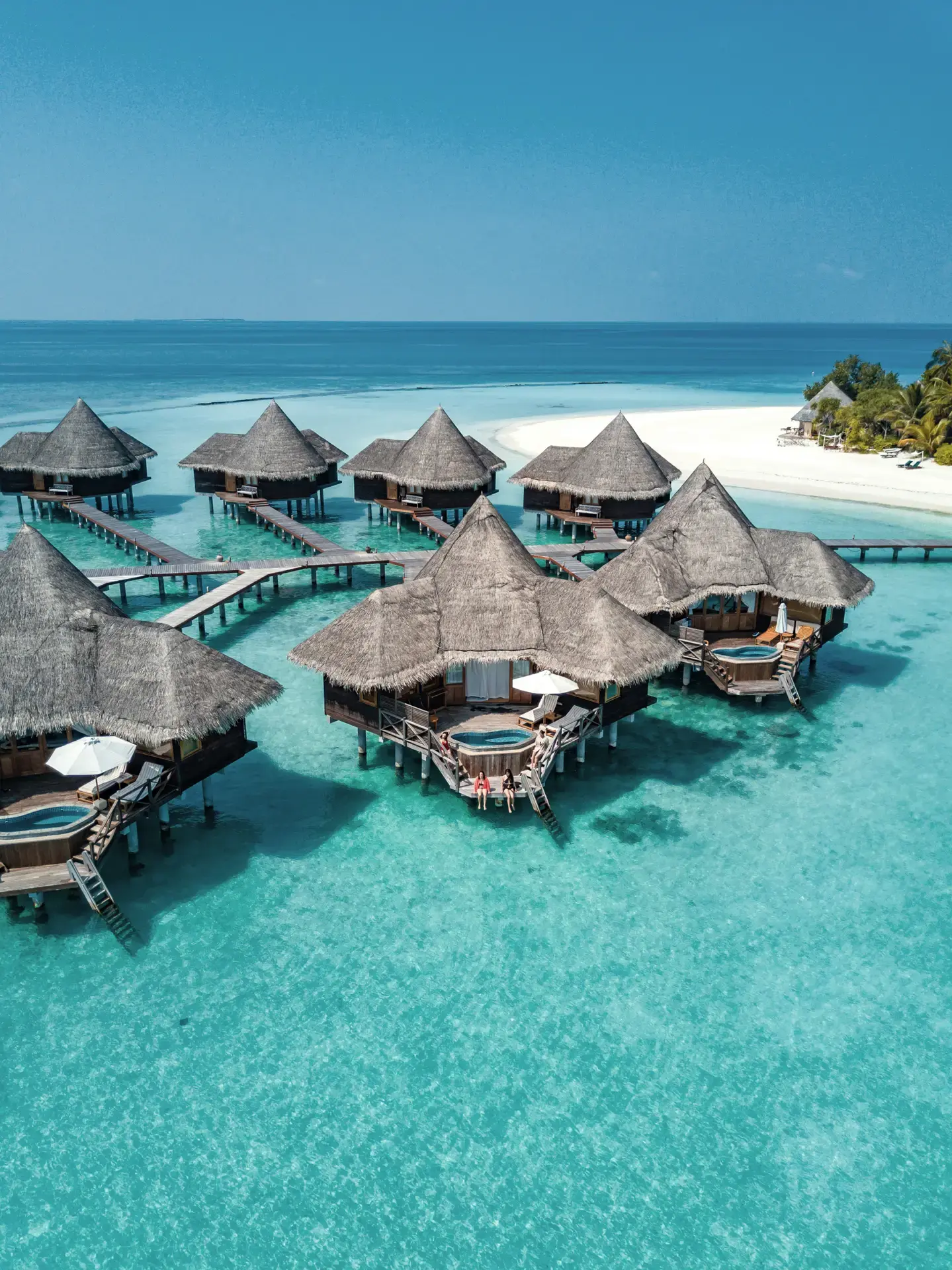 Aerial view of the lagoon villas at Coco Palm Dhuni Kolhu Resort, Maldives