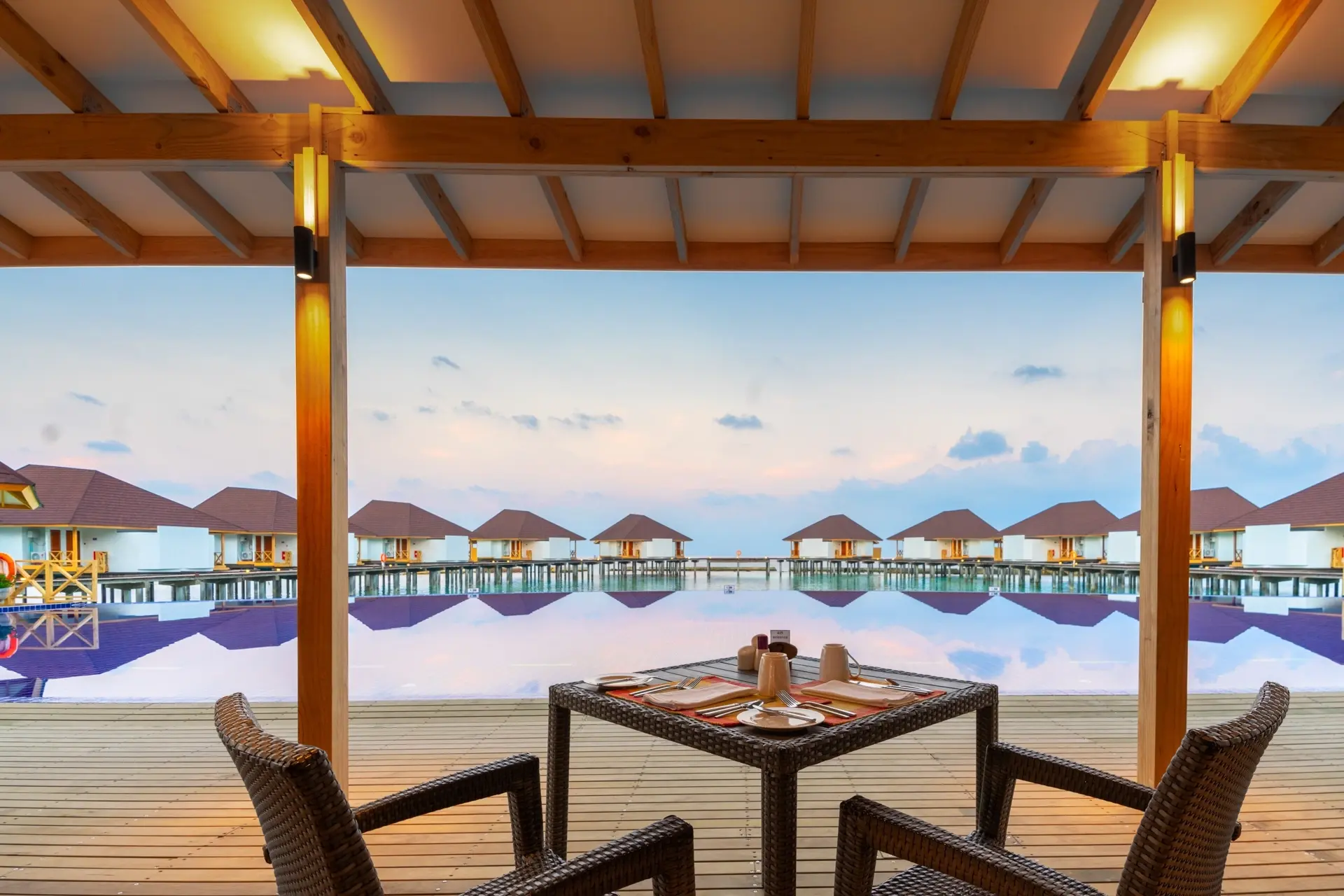 Malamathi restaurant & swimming pool at Ellaidhoo Maldives by Cinnamon Resort in the Maldives