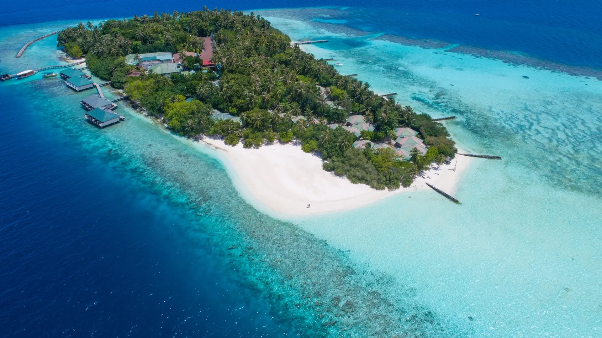 Aerial of Embudu Village accommodation in the Maldives