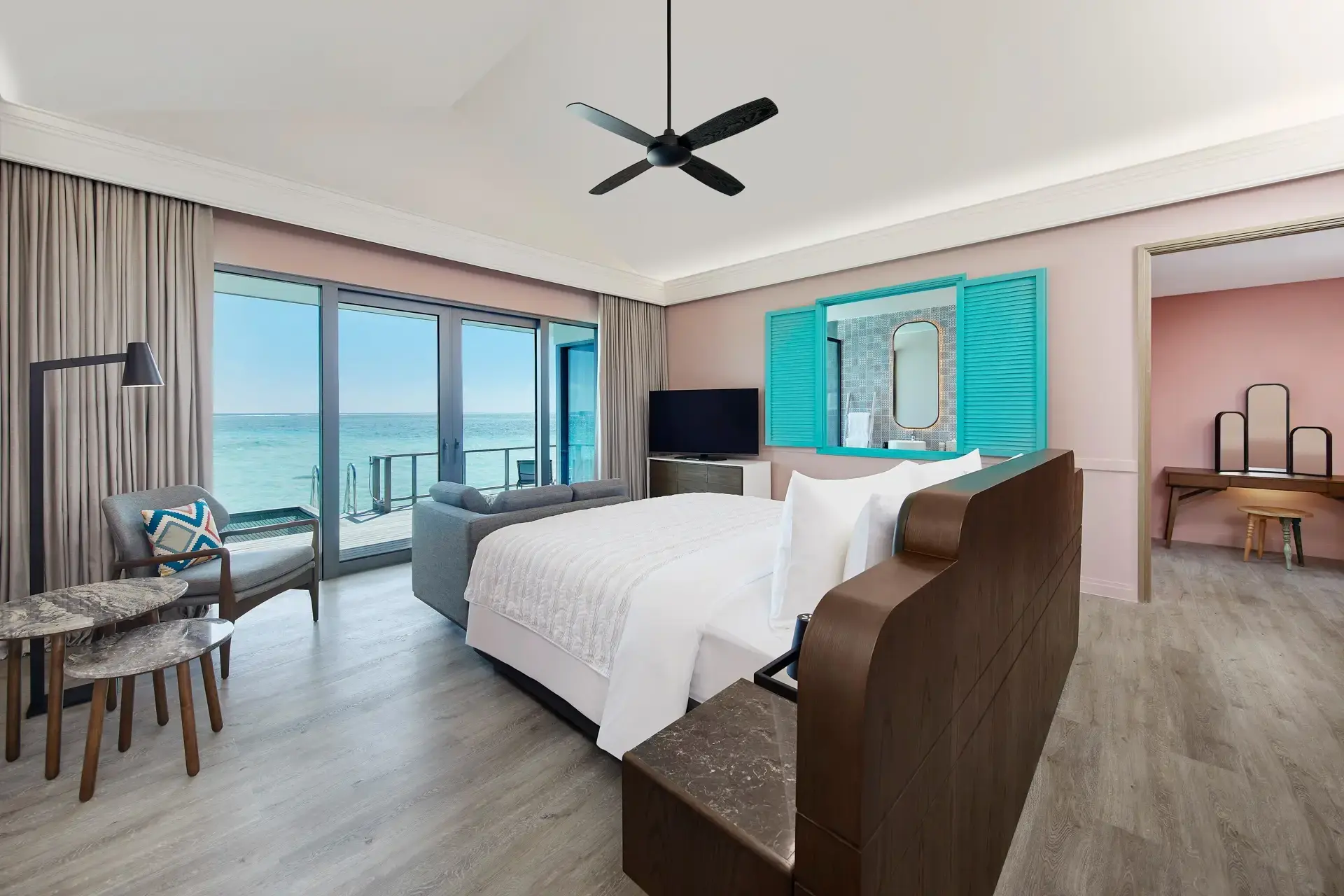 Interior of a lagoon villa at Le Meridien Maldives Resort & Spa, Maldives.