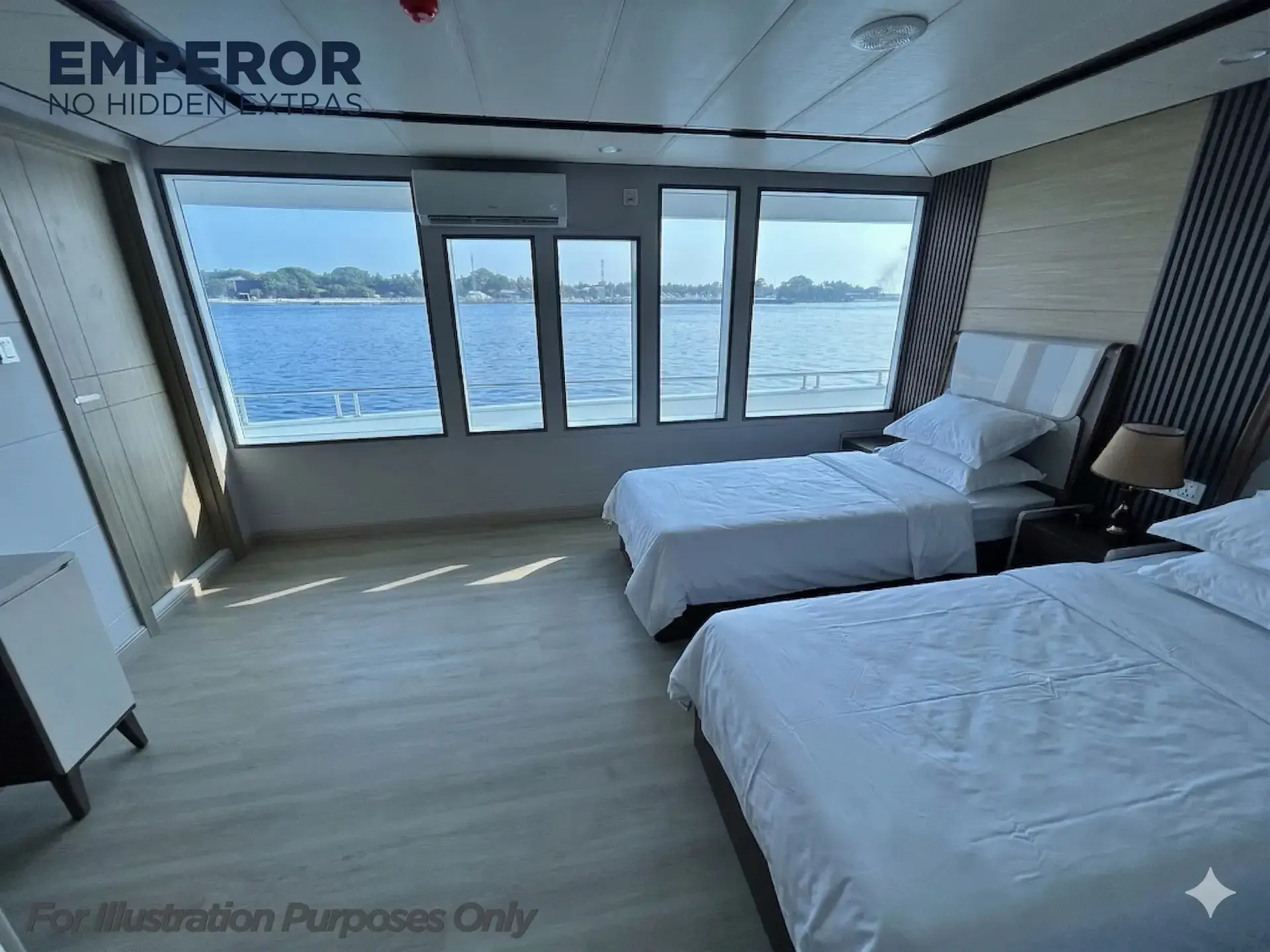 Illustration of an upper deck twin room on Emperor Explorer II, Maldives