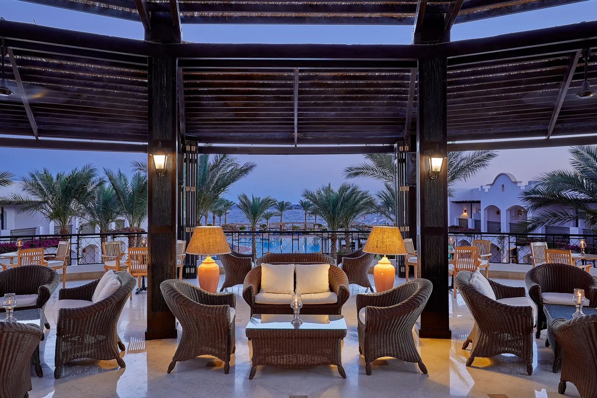 Lobby terrace at Jaz Dahabeya Hotel in Dahab, Egypt