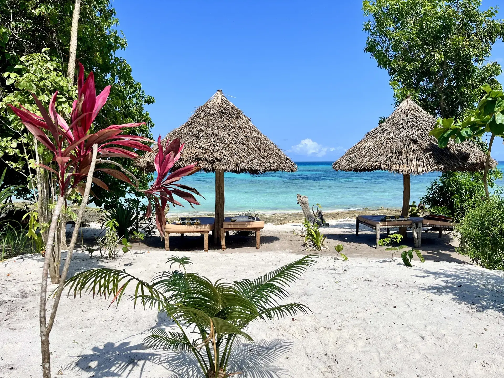 Loungers by the beach at Afro Divers Lodge, Pemba, Tanzania.