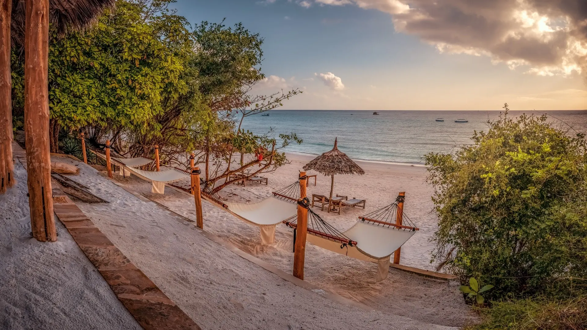 Beach house hammocks at The Manta Resort in Pemba, Tanzania