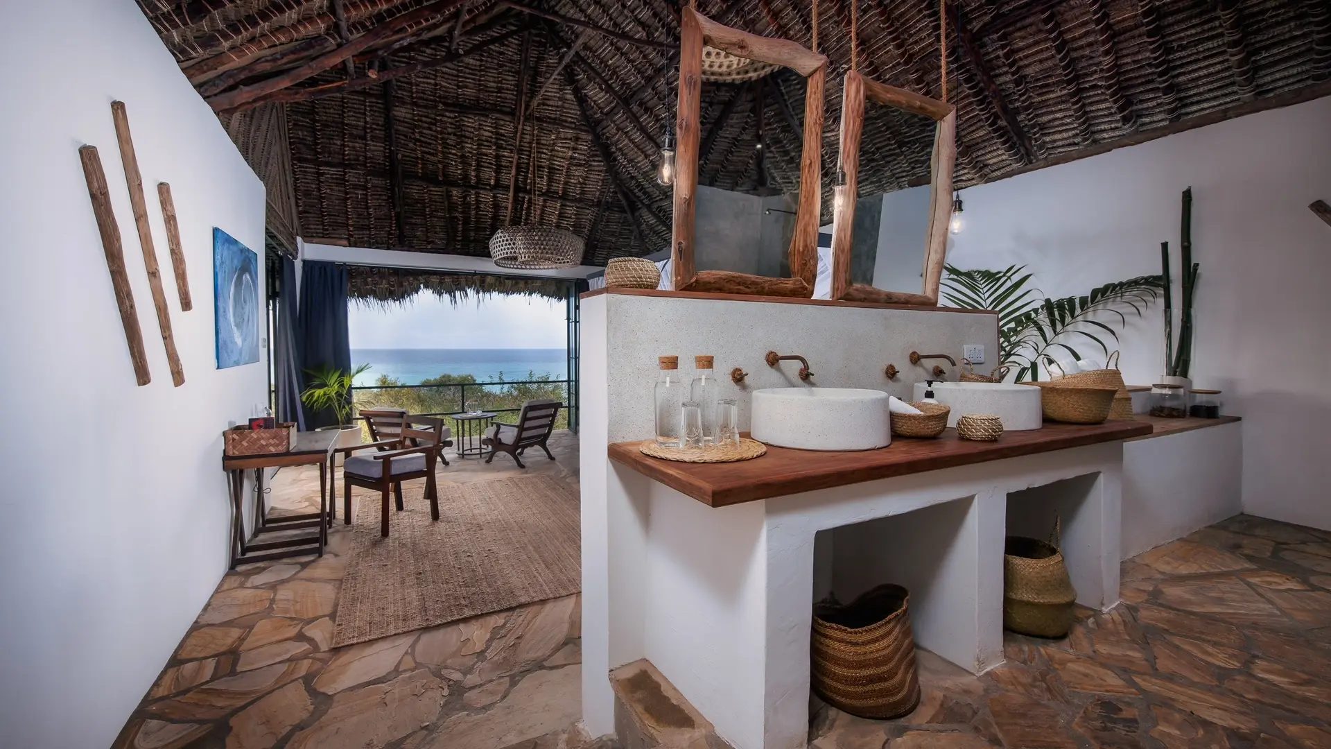 Sea view bathroom at The Manta Resort in Pemba, Tanzania