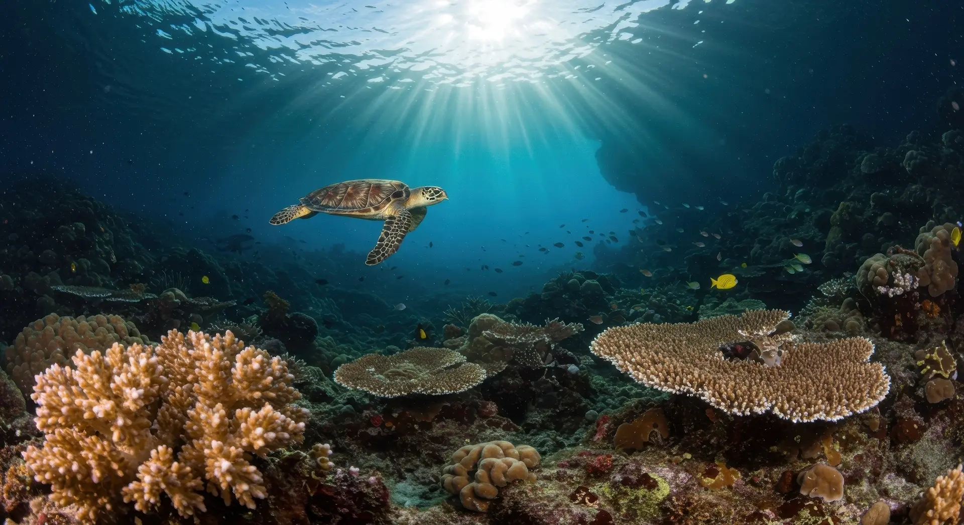 Underwater prismatic coral and turtle, Indonesia