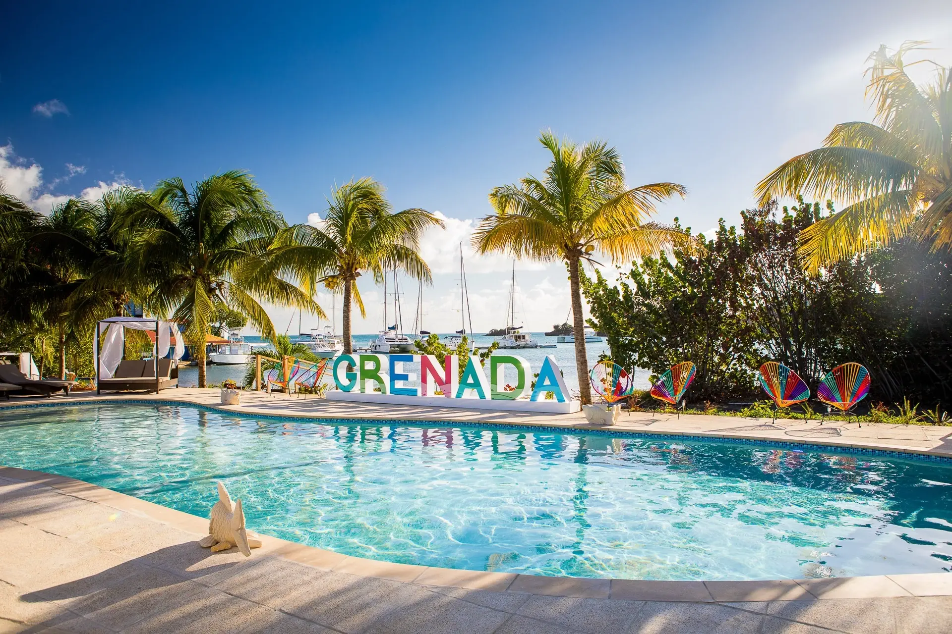 View of the swimming pool from the Cocoa pods at True Blue Bay Boutique Resort in Grenada