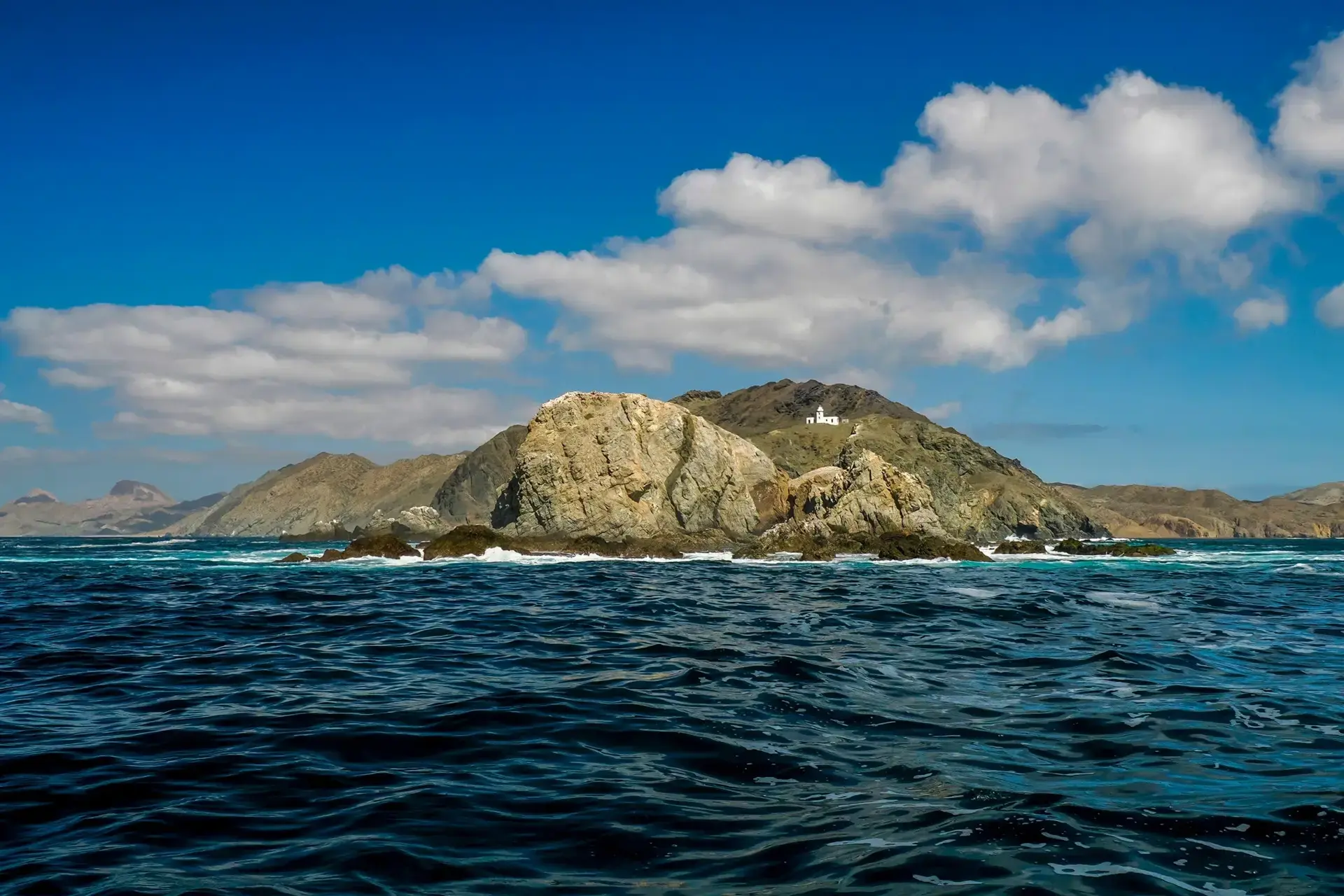 White lighthouse on Bay Bahia, Magdalena Bay, Mexico