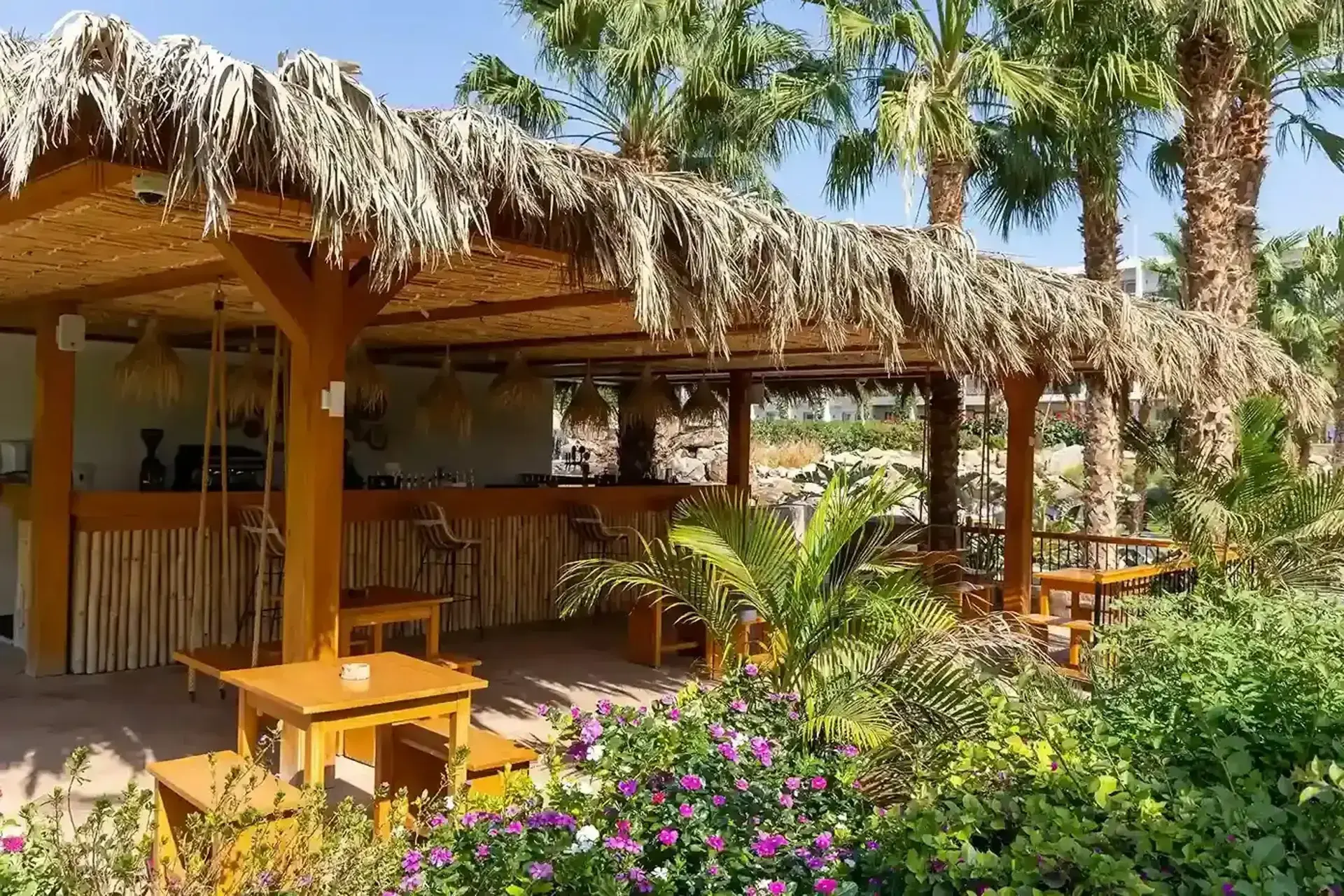 Tables under a canopy at Fort Arabesque Resort, Egypt