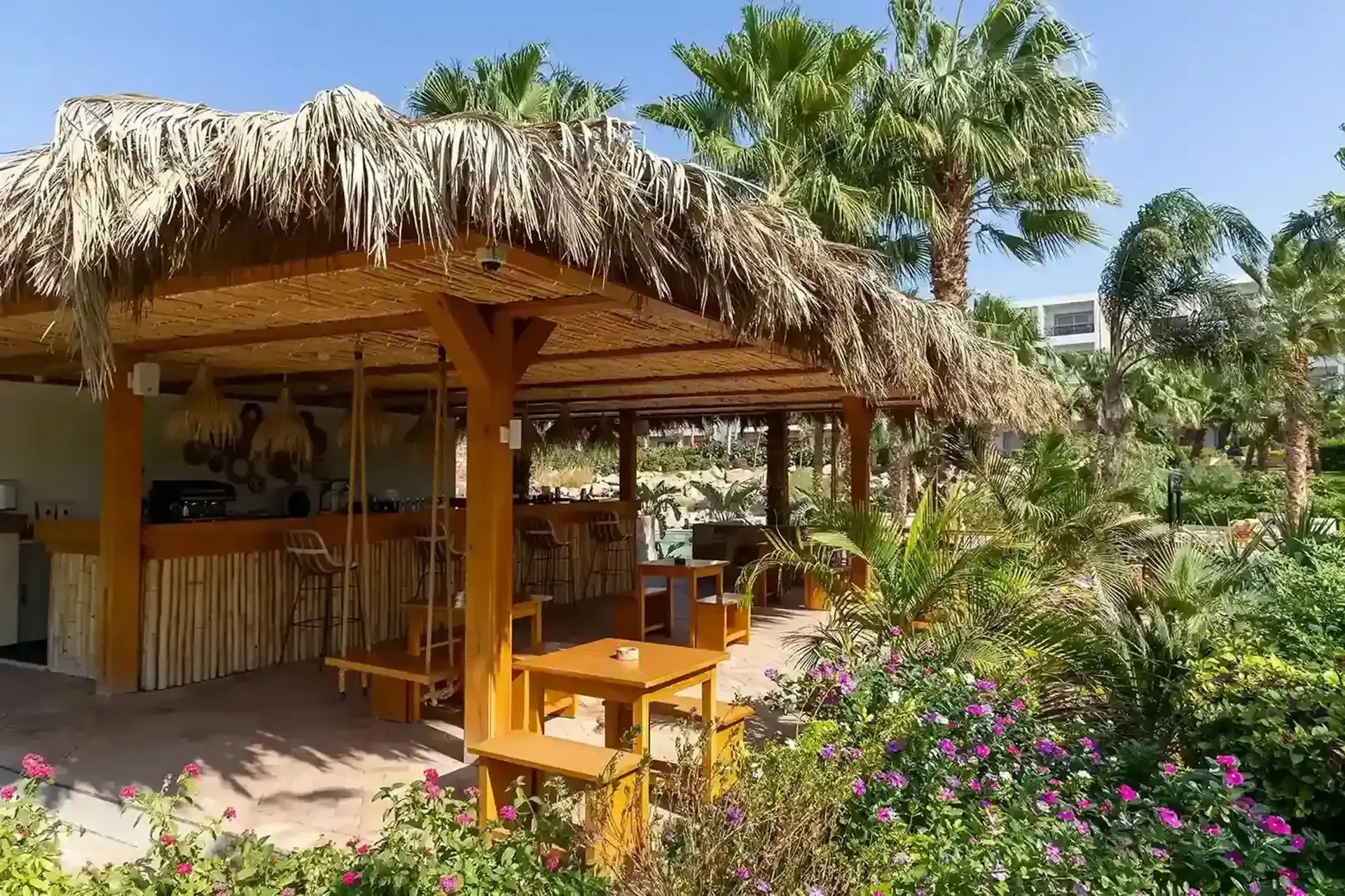 Tables under a canopy at Fort Arabesque Resort, Egypt