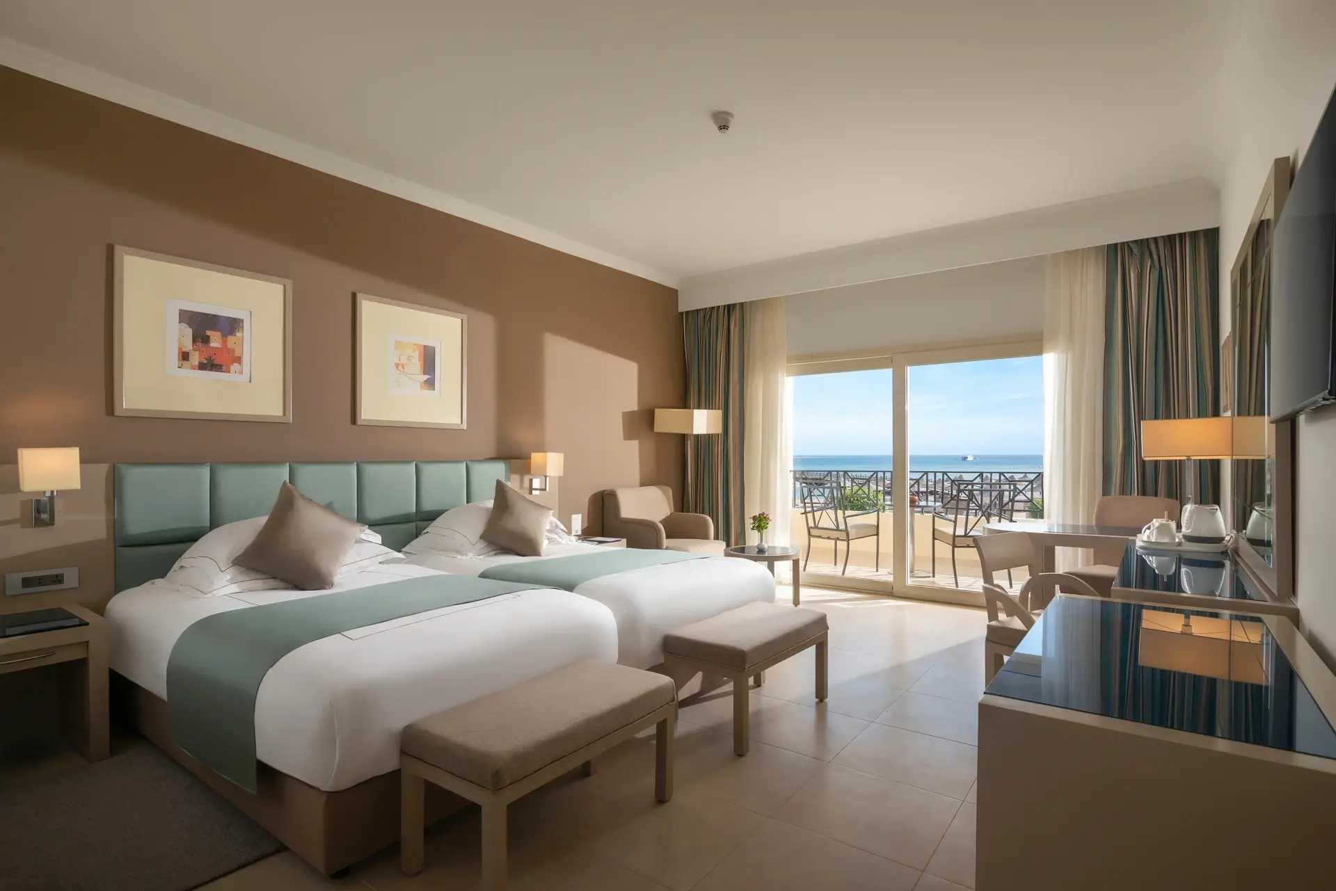 Bedroom in the adults-only section of Cleopatra Resort Makadi Bay, Egypt.